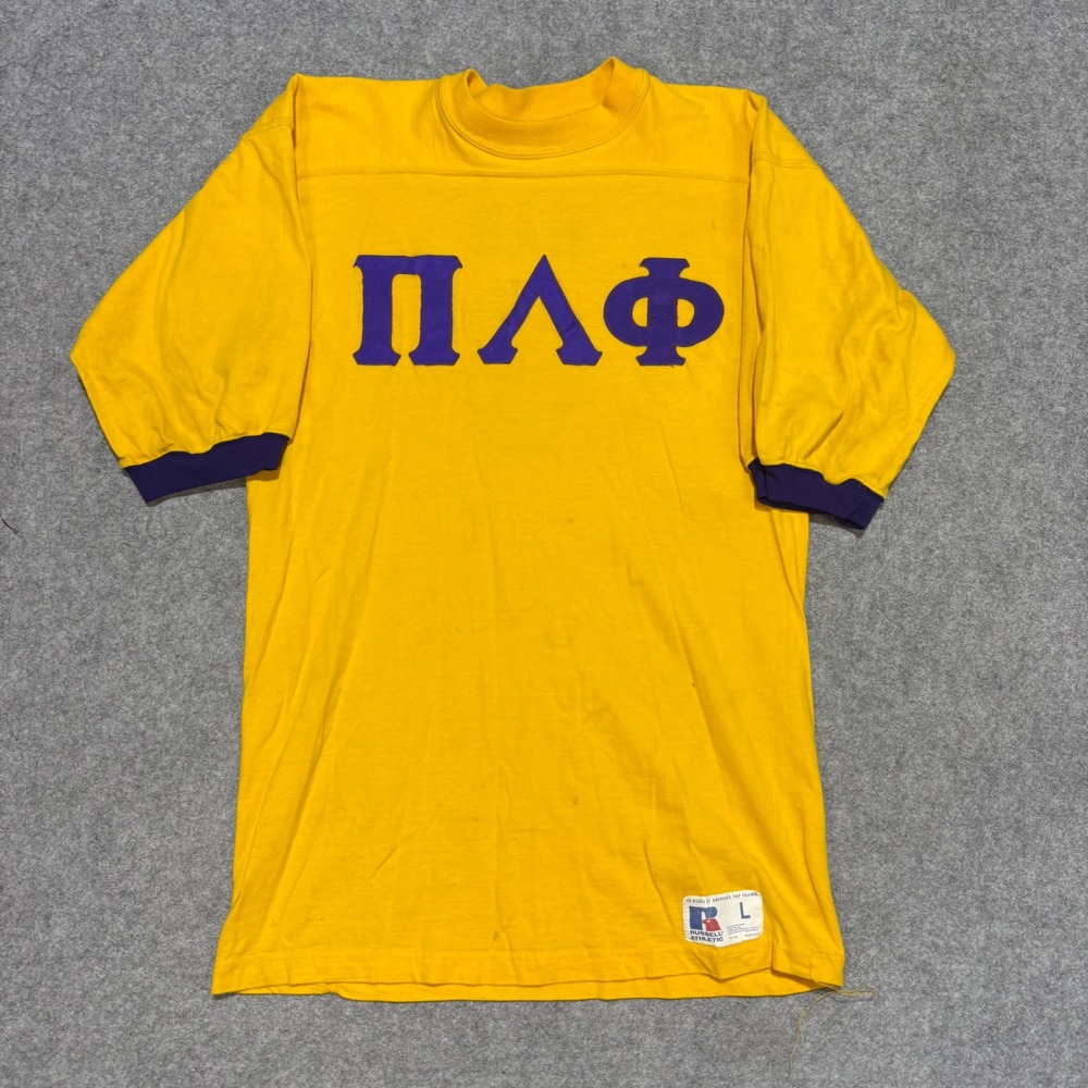 Vintage Russell Athletic Pi Lambda Phi Fraternity Jersey Yellow Purple Large